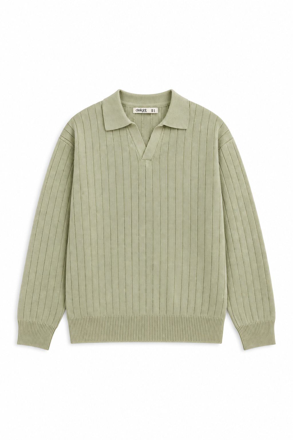 Front view of men’s sage green long sleeve textured knit polo with an open collar and ribbed hem
