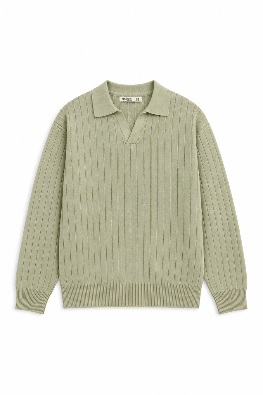 Front view of men’s sage green long sleeve textured knit polo with an open collar and ribbed hem