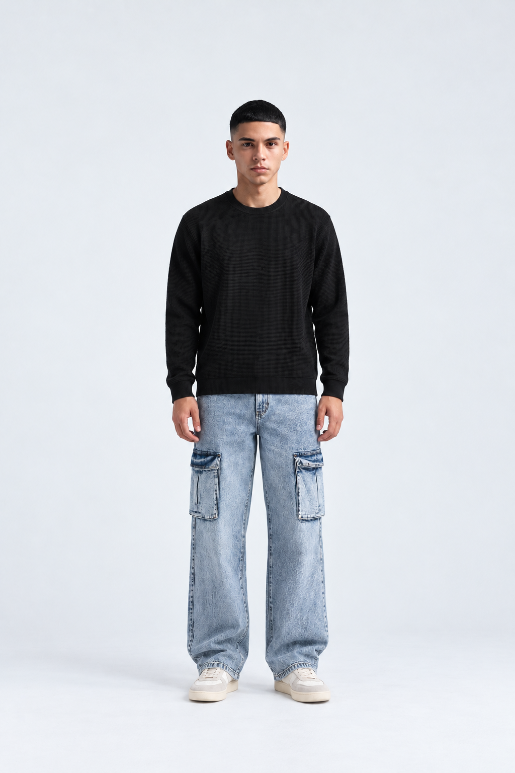 Men’s Baggy Cargo Jeans – Light Blue Acid Wash Wide Leg Denim