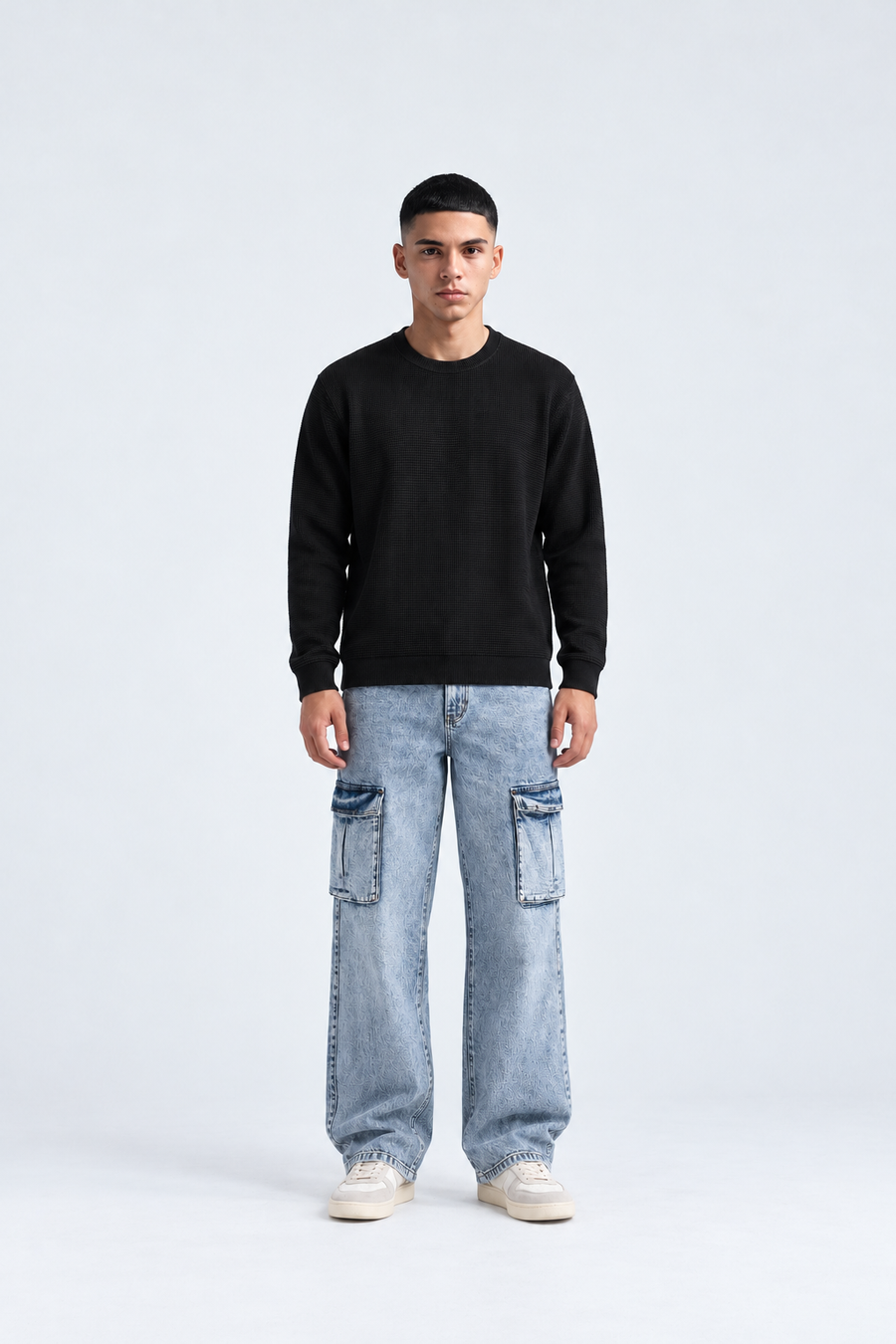 Men’s Baggy Cargo Jeans – Light Blue Acid Wash Wide Leg Denim