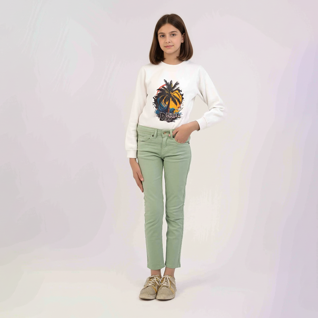 Green Color Basic Slim Fit Girls Jeans