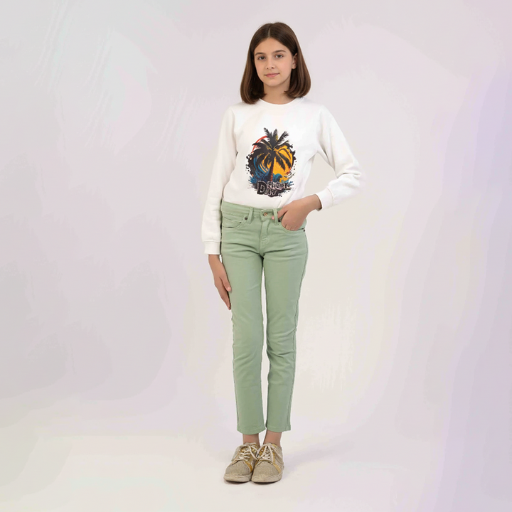 Green Color Basic Slim Fit Girls Jeans