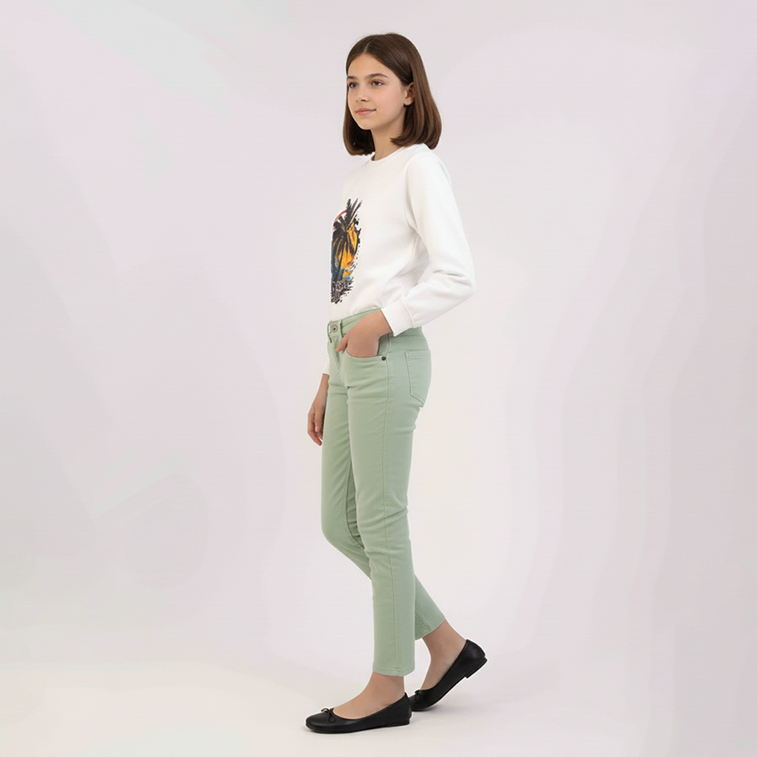 Green Color Basic Slim Fit Girls Jeans