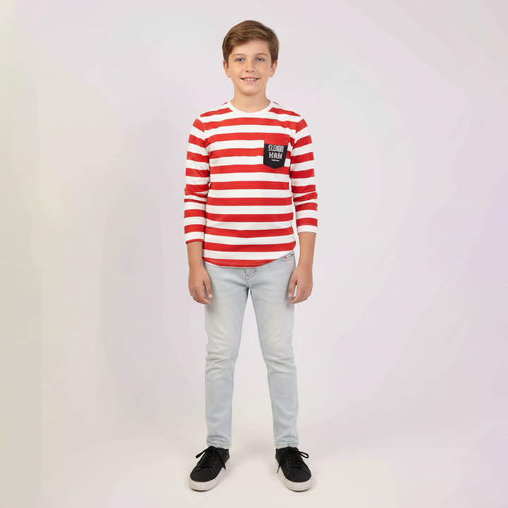 Boys Striper Shirt Red Color With Pocket