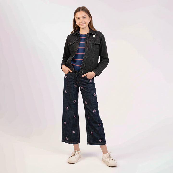 Medium Wash Color with Smily Face EMB  Girls Jeans