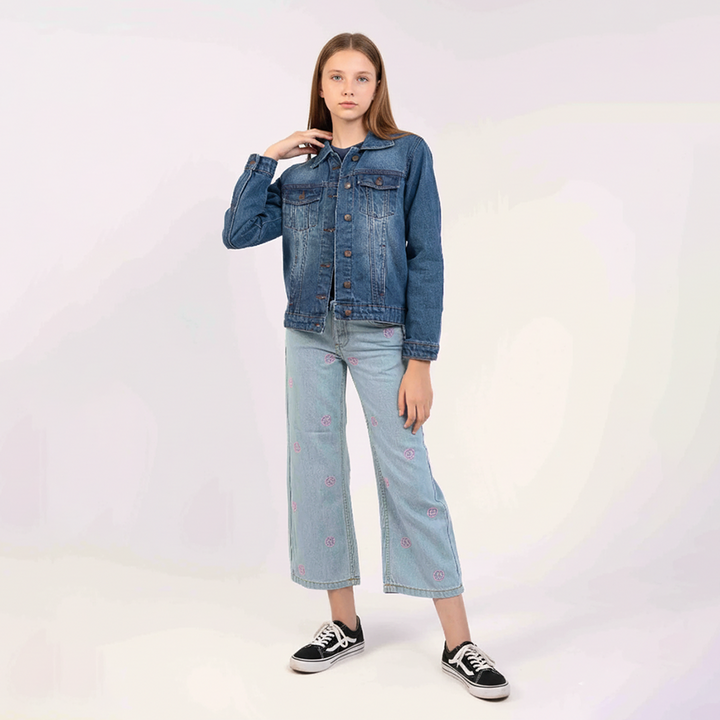 Light Wash Color with Smily Face EMB  Girls Jeans