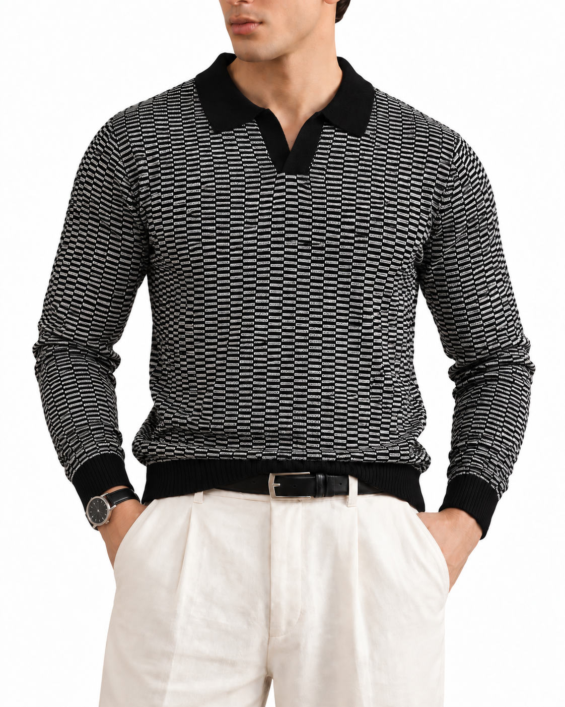 Men’s Long Sleeve Jacquard Knit Polo — Black & Ivory