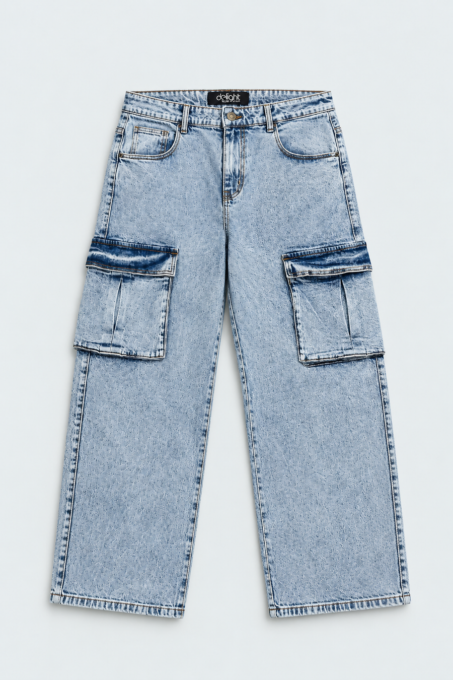Men’s Baggy Cargo Jeans – Light Blue Acid Wash Wide Leg Denim