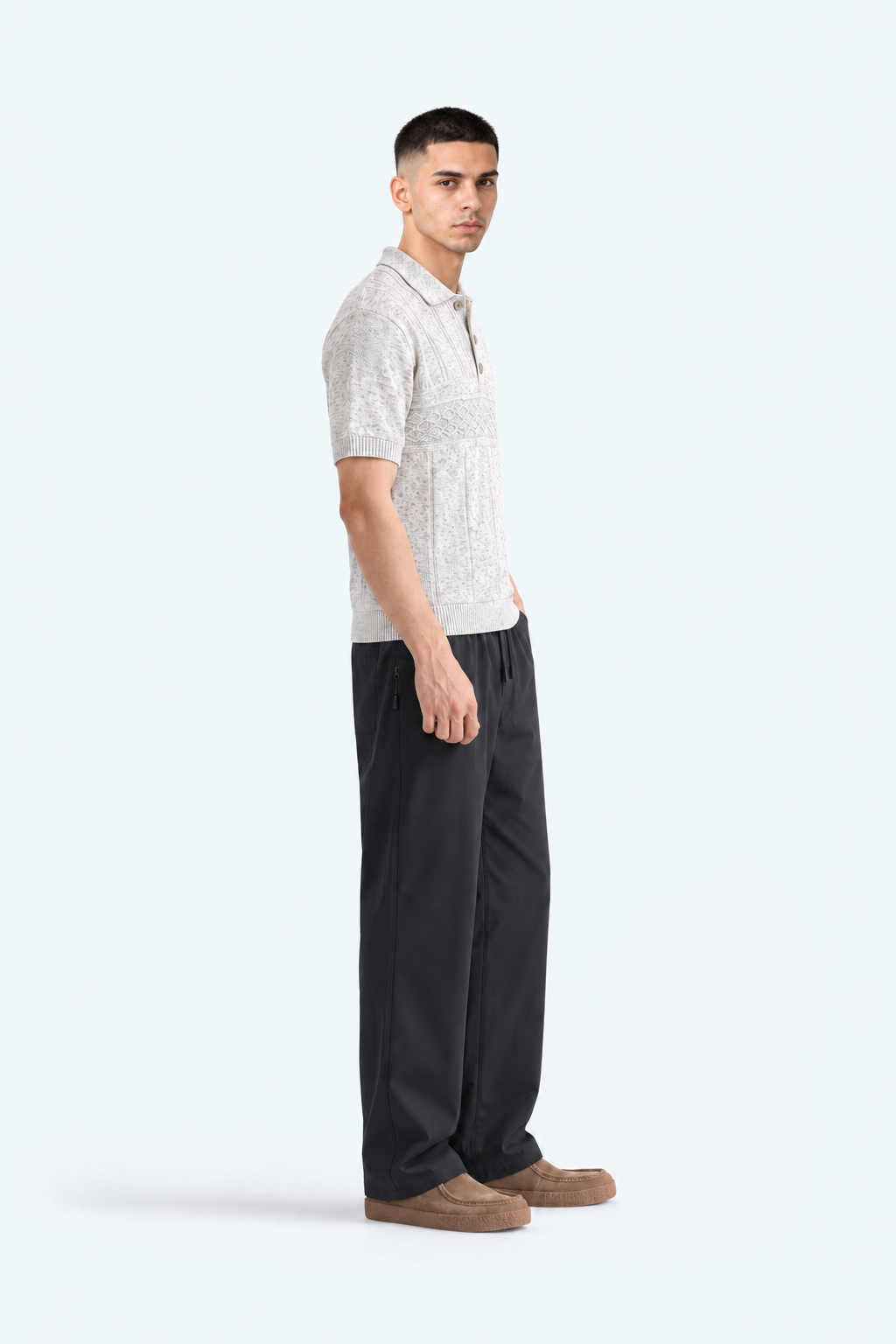 Men’s Marled Textured Knit Polo – Light Grey