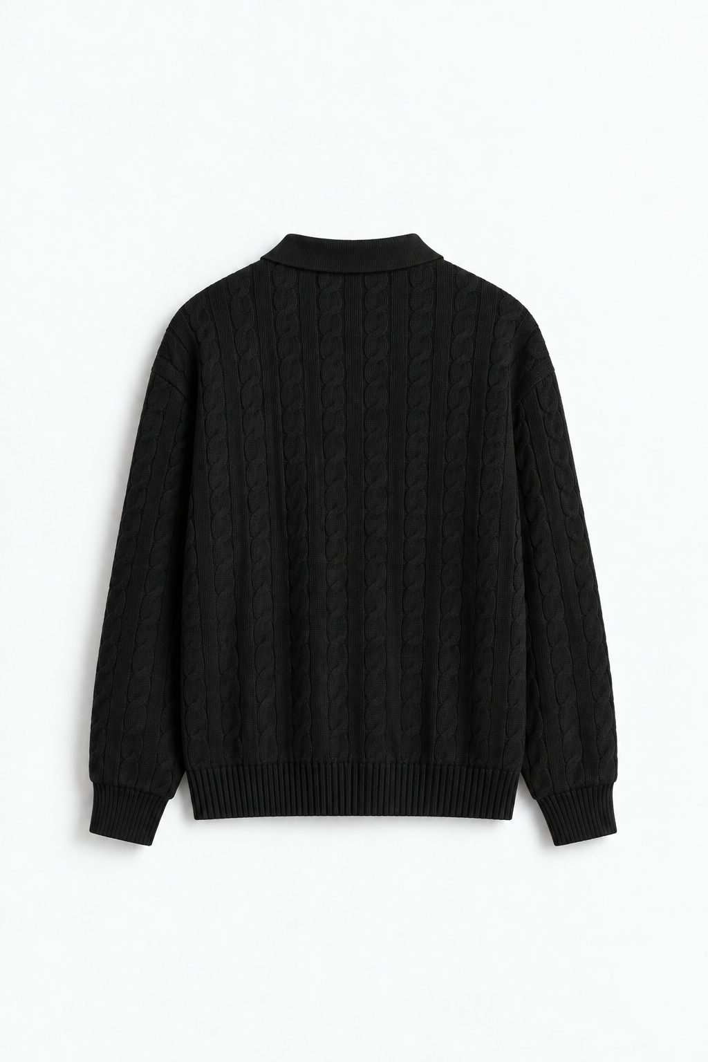 back view”	Back view of black knitted polo showing cable-knit texture and ribbed cuffs and hem