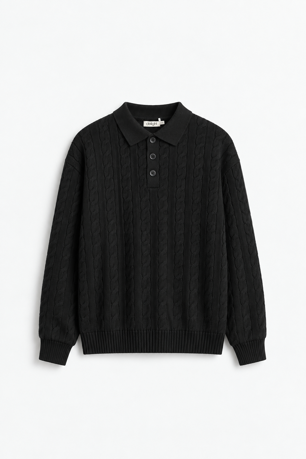 Front view of men’s black cable-knit polo with three-button collar, long sleeves and ribbed hem