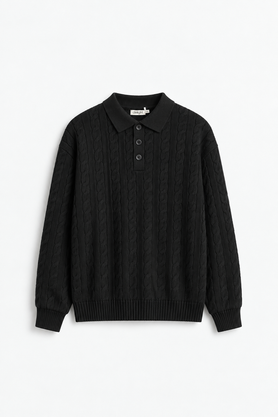 Front view of men’s black cable-knit polo with three-button collar, long sleeves and ribbed hem