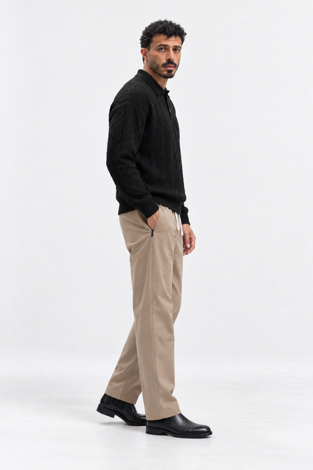 Men’s Long Sleeve Cable-Knit Polo — Black