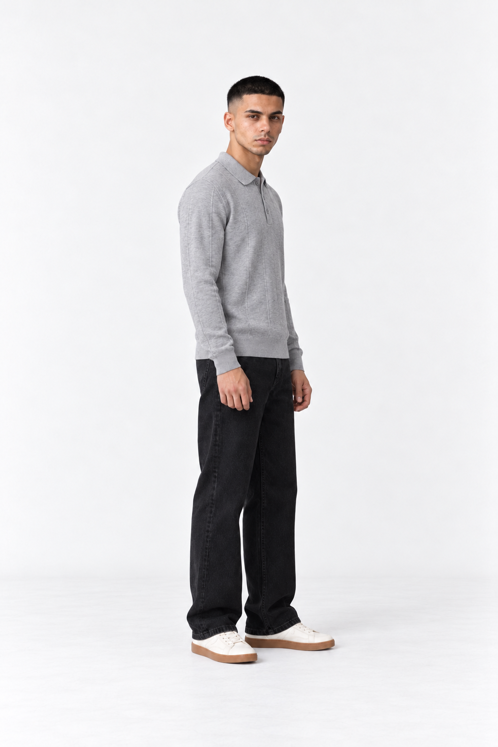 Men’s Textured Knit Polo Sweater – Silver Grey