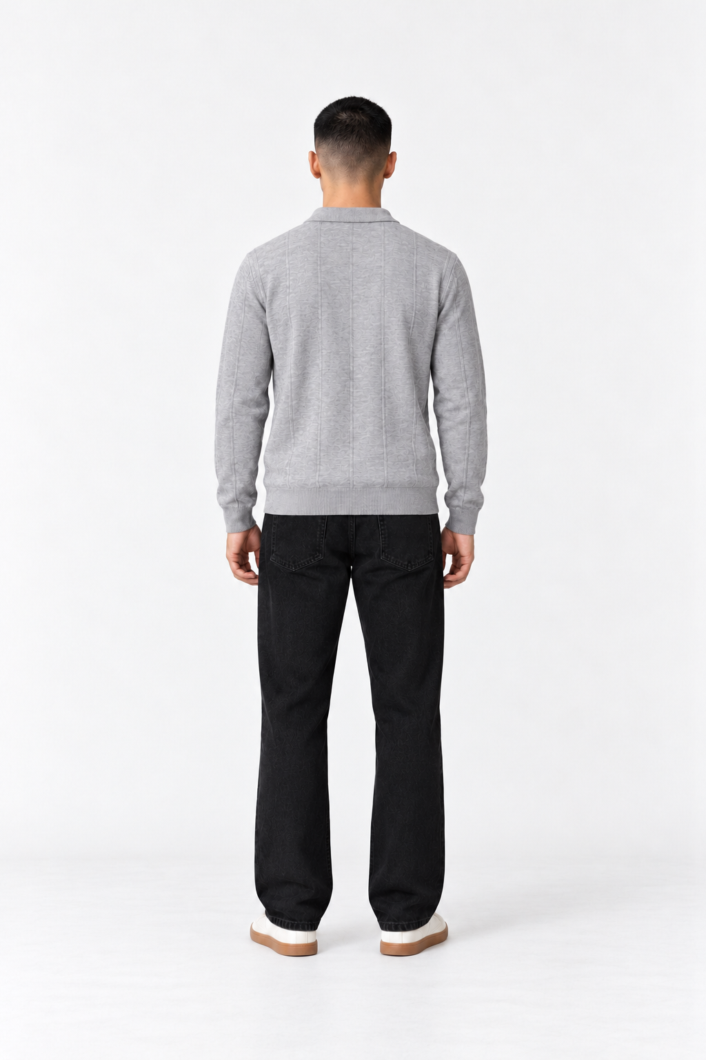 Men’s Textured Knit Polo Sweater – Silver Grey