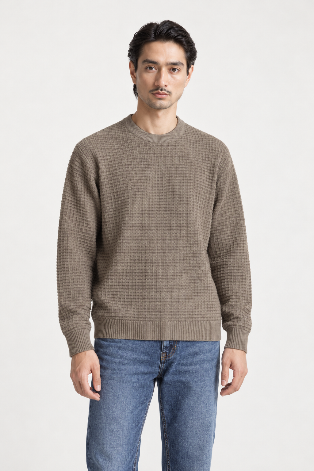 Men's Brown Melange Grid-Knit Crewneck Sweater