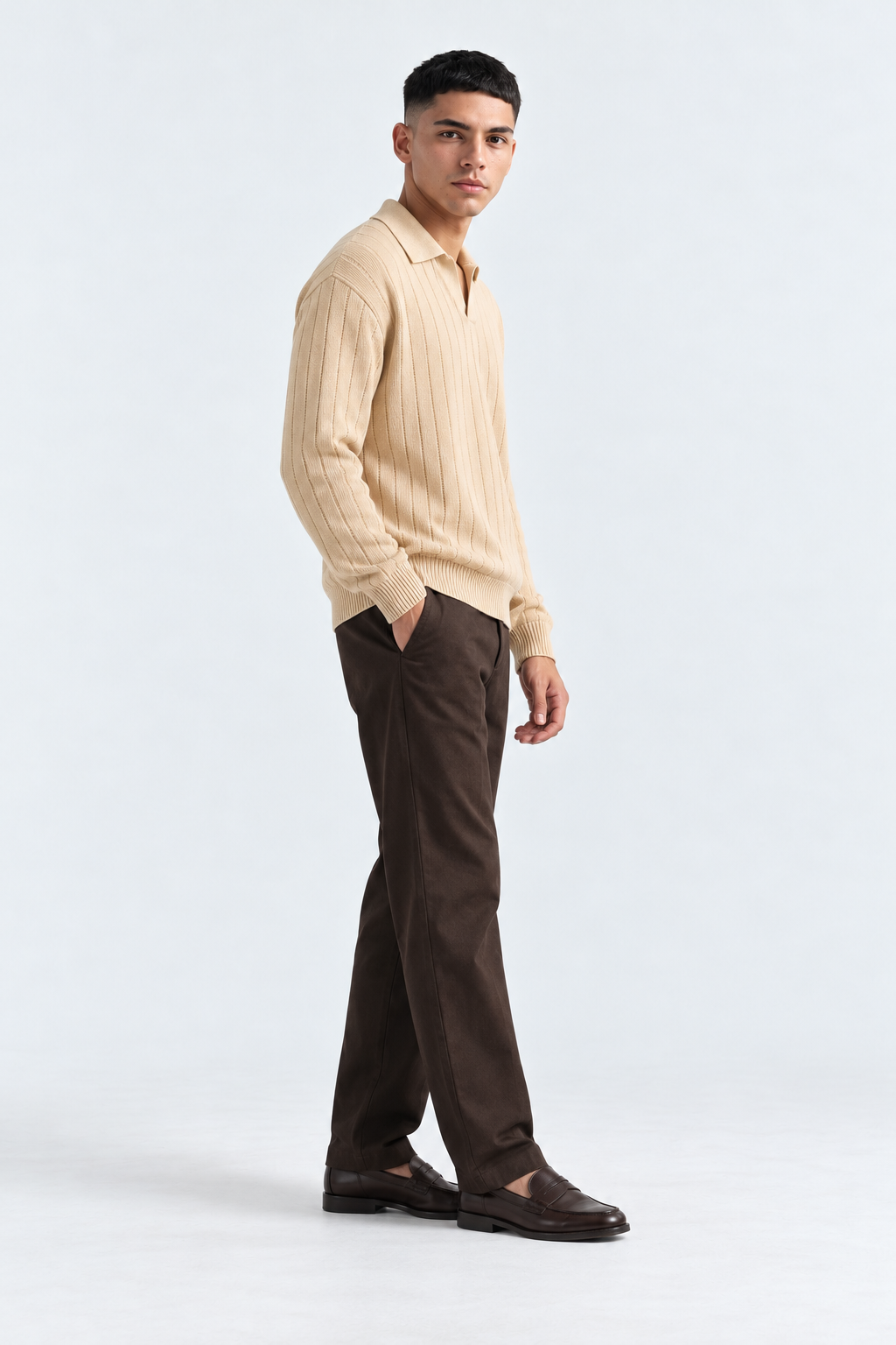 Men’s Beige Long Sleeve Knit Polo