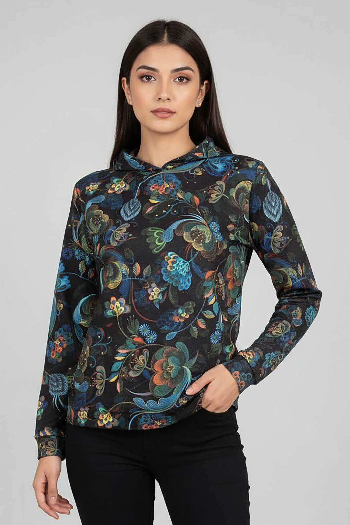 Abstract Floral Printed Hoodi