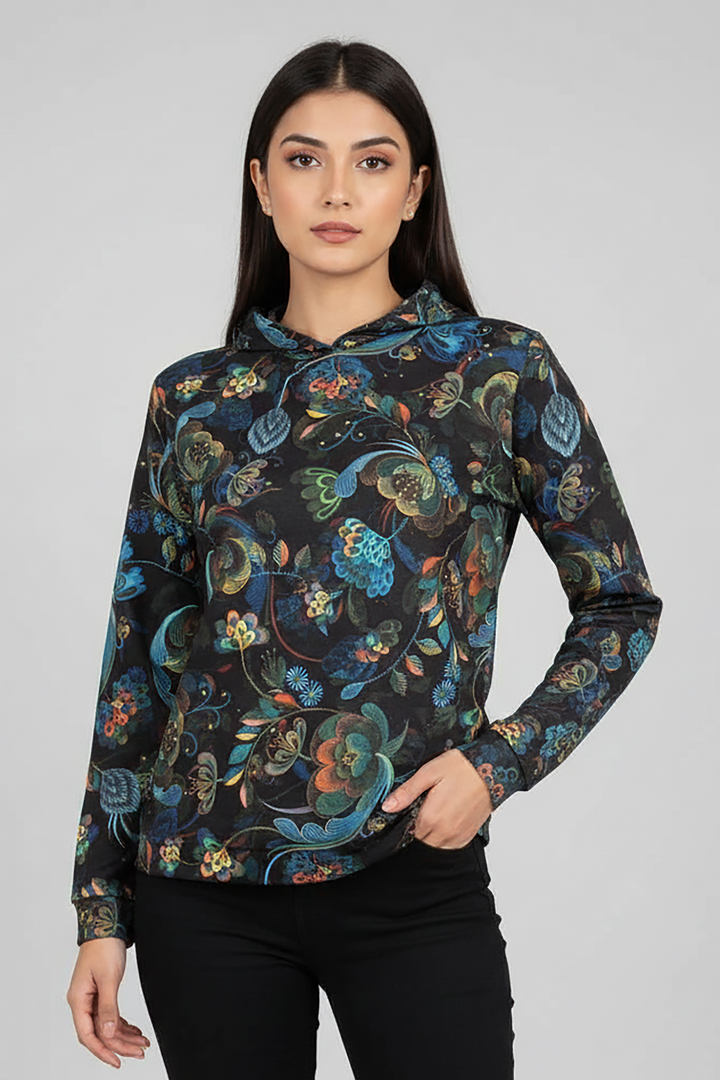 Abstract Floral Printed Hoodi