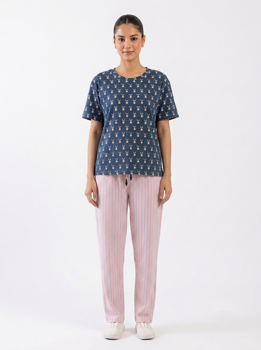 Navy Printed Tee & Striped Trouser Set